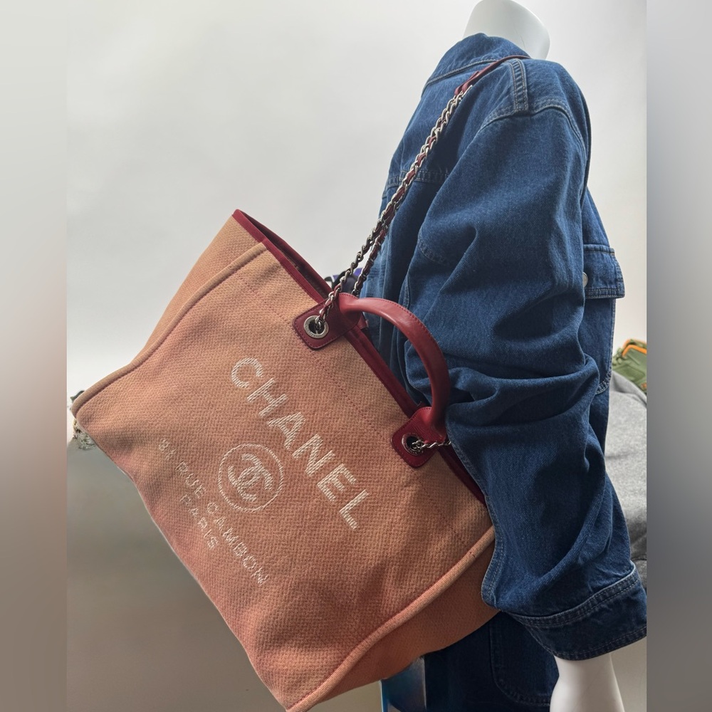 Chanel Deauville Large Size/faded pink denim w/red leather/silver/holo present